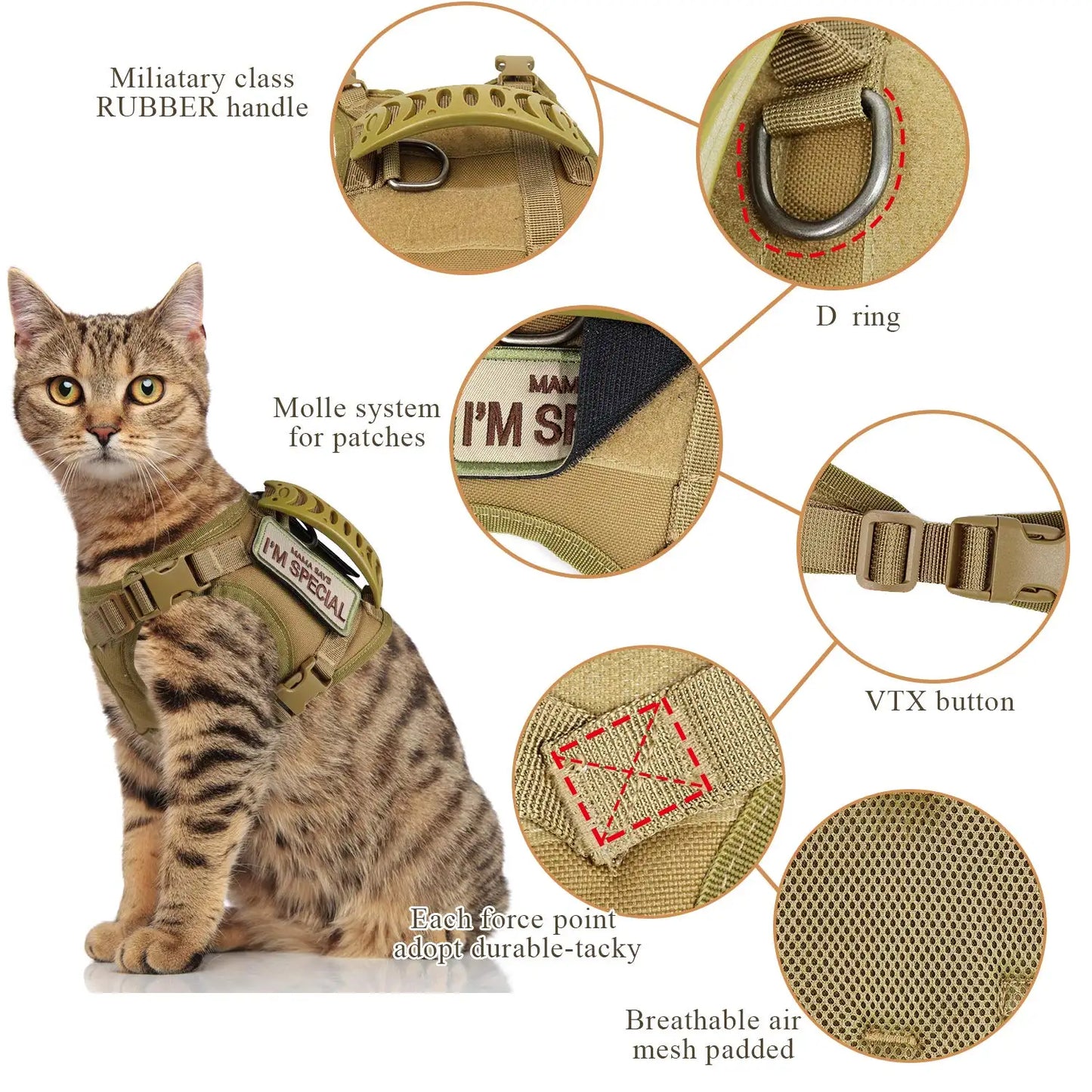 Tactical Quick-Release Cat and Small Dog Harness Set with Patches - Military Style Vest for K9 Training and Working Pets